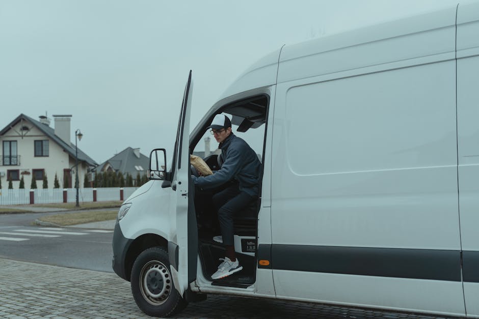 A man wearing a grey cap, black padded vest, and blue long-sleeved shirt is seen loading a medium-sized cardboard box into the back of a white moving van. The van's interior is visible, showing severa