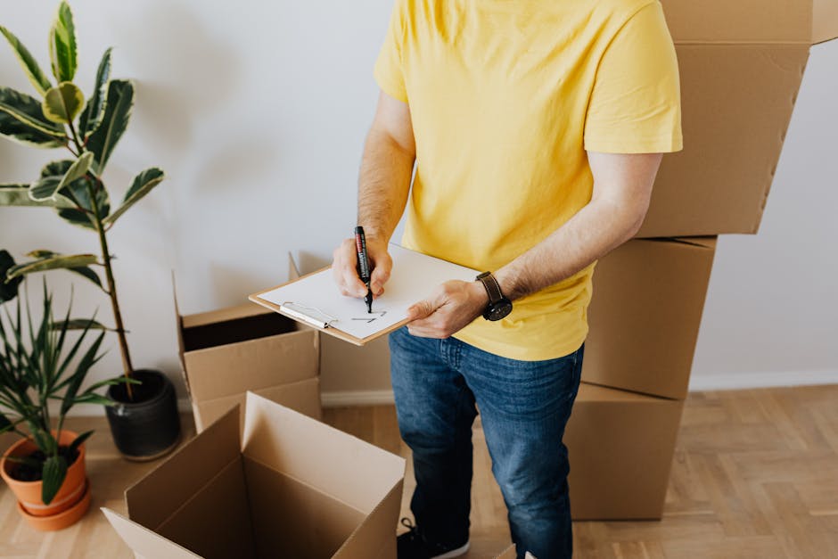 A man wearing a yellow t-shirt and blue jeans is inside a room, holding a clipboard and a black marker, appearing to take notes during a home relocation process. Surrounding him are several large cardboard boxes, some open with flaps folded back, ready for packing or unloading. Behind him, a tall green houseplant in a black pot is visible, along with a small potted plant in an orange container. On the wall, a section of a white wall and wooden flooring can be seen, indicating an interior space prepared for packing and moving activities. The man with van Old Malden is likely involved in handling packing logistics or managing the loading process, ensuring an organized home move. This scene emphasizes the packing phase of furniture transport and house removals, with the environment illuminated by soft, natural light, highlighting the preparation for a smooth house relocation.