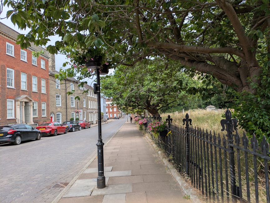 A quiet residential street scene on a clear day in Old Malden, showing a paved sidewalk lined with a black wrought iron fence on one side and parked cars along the curb on the other. A prominent tall lamppost with a hanging flower basket is situated along the pavement, which is shaded by a large tree with lush green foliage extending over the sidewalk. Beyond the fence, there is an open grassy area with some wild plants. The street features a row of multi-story brick and stone buildings with large windows and doorways, indicating a typical home relocation environment. The scene is well-lit with natural daylight, capturing the calm ambiance of the neighborhood—an ideal setting for furniture transport or household packing and moving activities, as managed by Man with Van Old Malden.