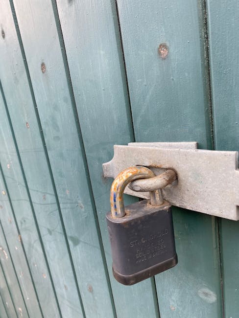 A close-up view of a black padlock securing a green wooden gate, with the lock attached through a metal latch. The gate is composed of vertical wooden planks painted in a weathered green finish, with visible wood grain and small rusted nail heads. The padlock has a rusted shackle and is fastened to the latch, which is mounted on the wall of a property, possibly part of a home or garden boundary. The lighting is natural and even, highlighting the texture of the wooden surface and the metal components, which may relate to the logistics of house removals or securing premises during a move, as seen in professional relocation services by Man with Van Old Malden.